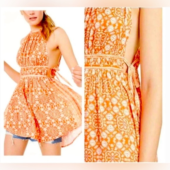 Free People Mid Summers Day Dress Orange Combo Mini Tunic Tie Side Size Large - Picture 1 of 8